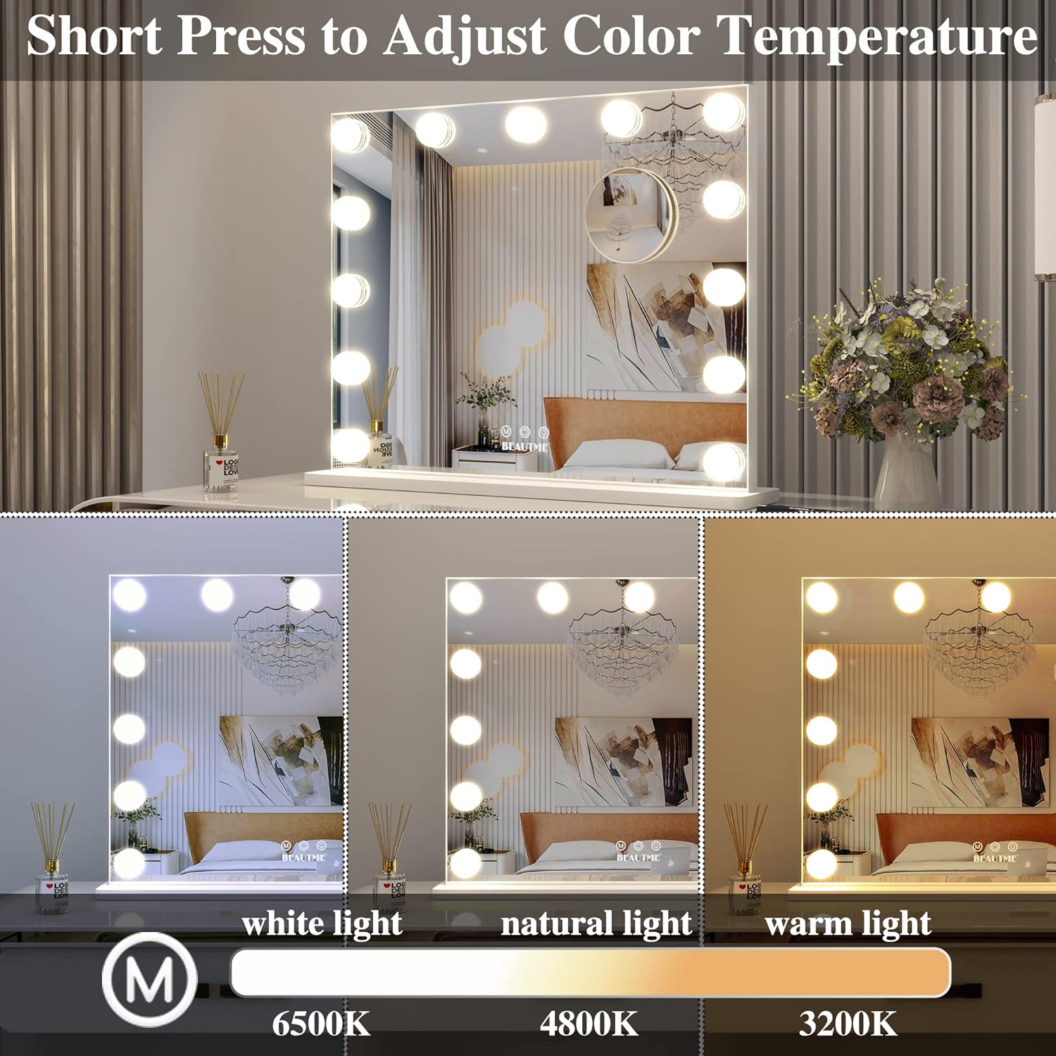 Vanity Mirror with Lights,Lighted Makeup Mirror with Lights and Magnification Mirror Tabletop Mirror or Wall Mounted Mirror (White)